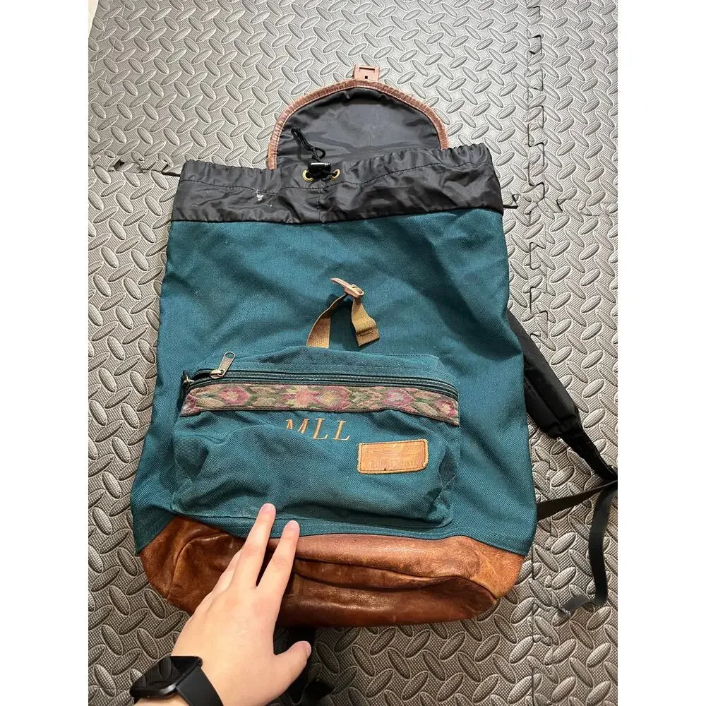 VTG Vintage 90s LL Bean Book Bag - Aztec Southwest &‎ Leather Backpack Green USA